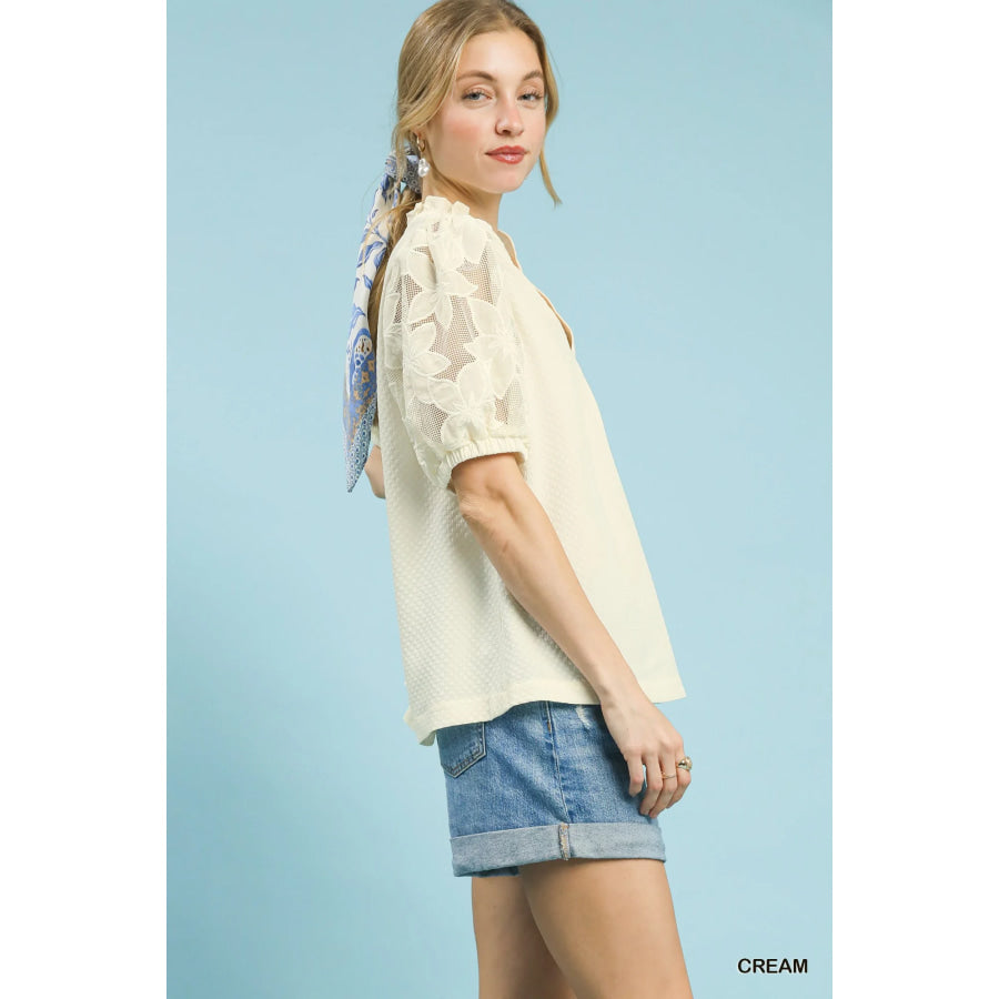 Umgee Textured Blouse with Lace Contrast Sleeves Apparel and Accessories
