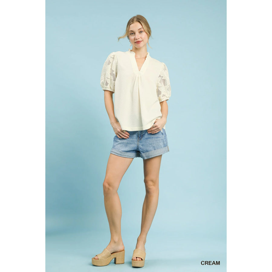 Umgee Textured Blouse with Lace Contrast Sleeves Apparel and Accessories