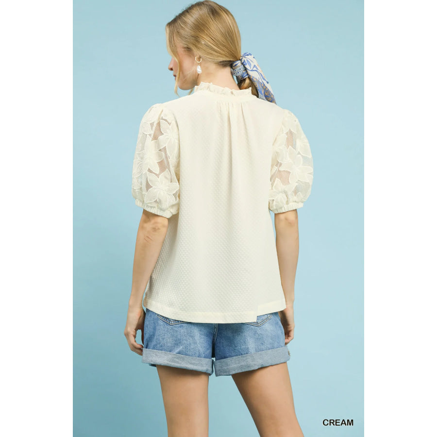 Umgee Textured Blouse with Lace Contrast Sleeves Apparel and Accessories