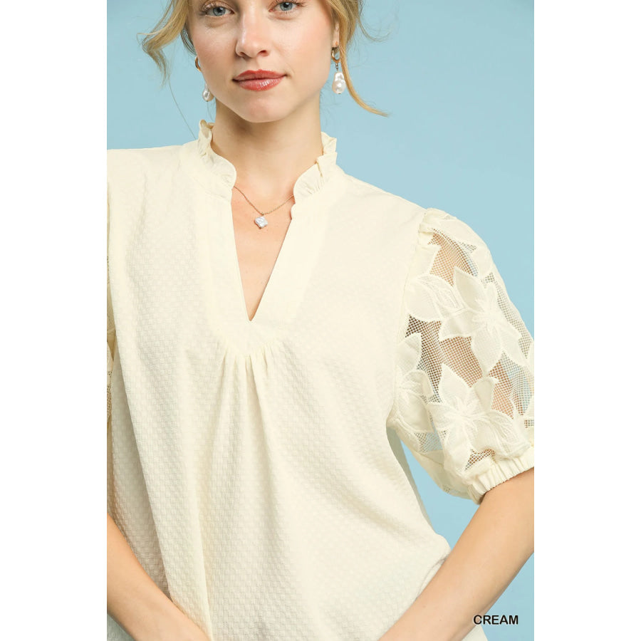 Umgee Textured Blouse with Lace Contrast Sleeves Apparel and Accessories