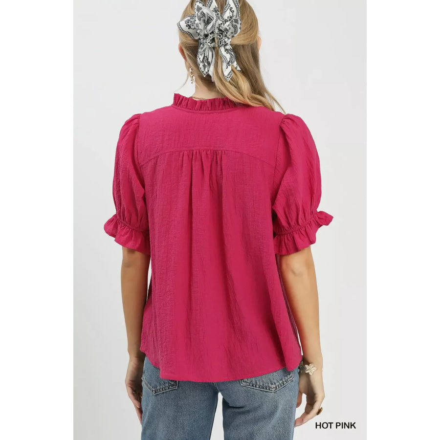 Umgee Textured Button-Front Puff Sleeve Top Apparel and Accessories