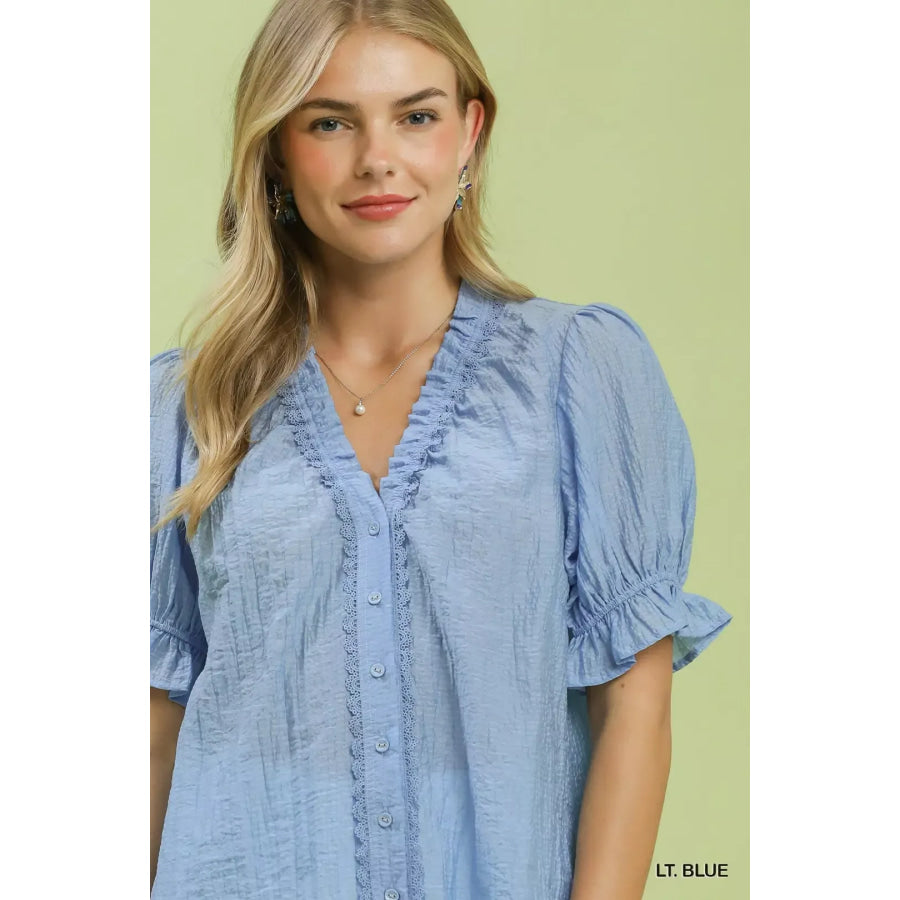 Umgee Textured Button-Front Puff Sleeve Top Apparel and Accessories