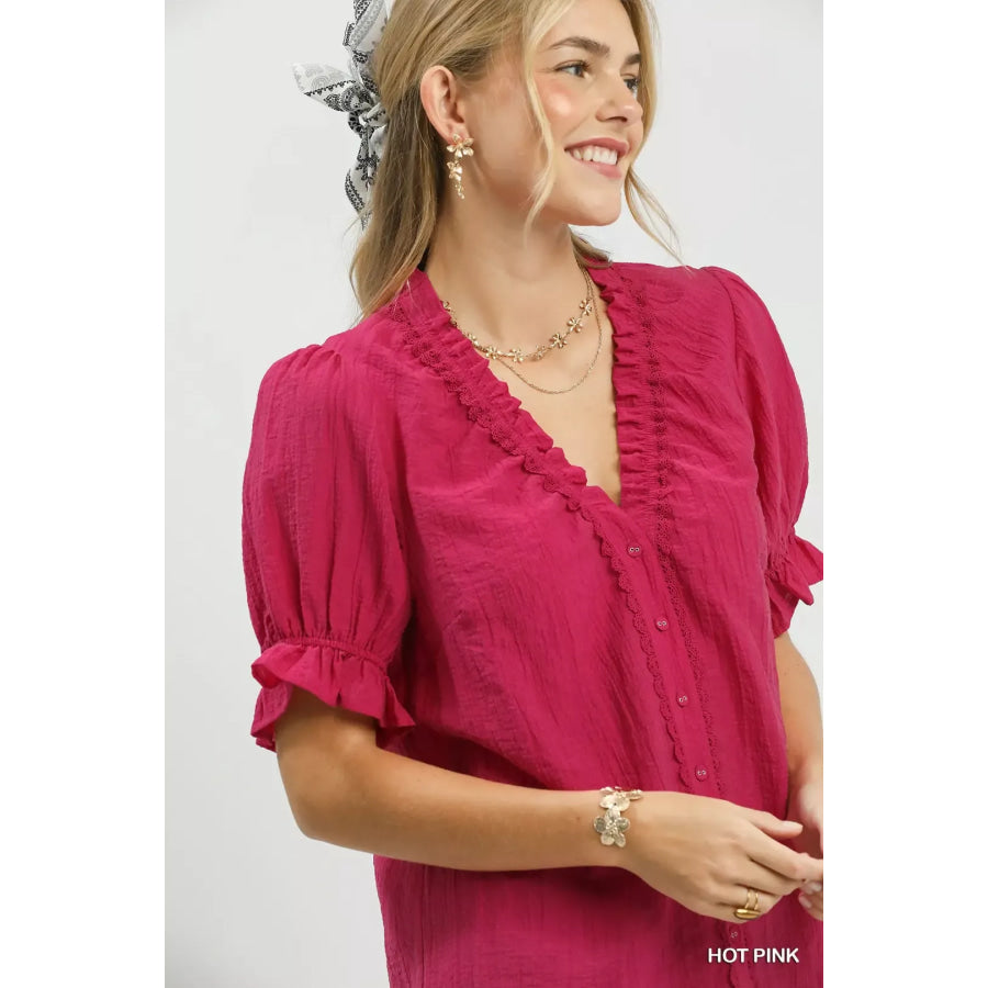 Umgee Textured Button-Front Puff Sleeve Top Apparel and Accessories