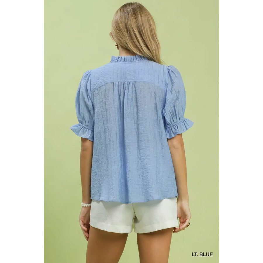 Umgee Textured Button-Front Puff Sleeve Top Apparel and Accessories