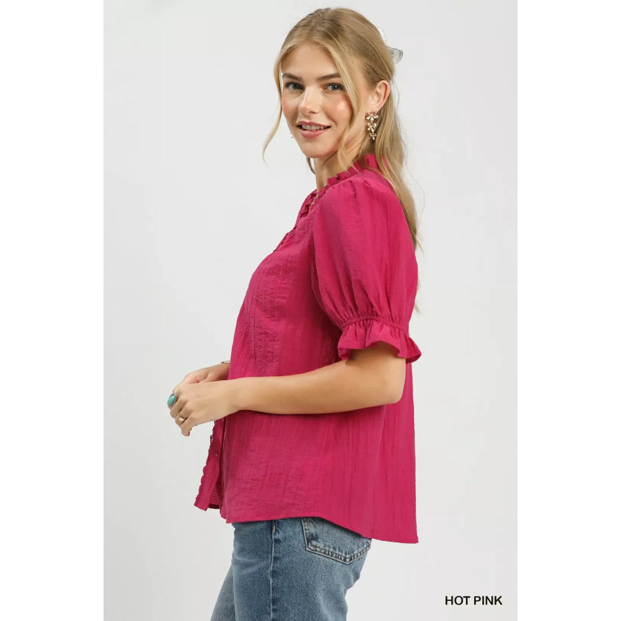Umgee Textured Button-Front Puff Sleeve Top HOT PINK / S Apparel and Accessories