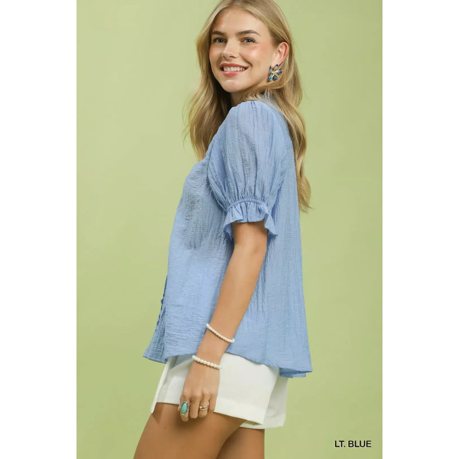 Umgee Textured Button-Front Puff Sleeve Top Apparel and Accessories