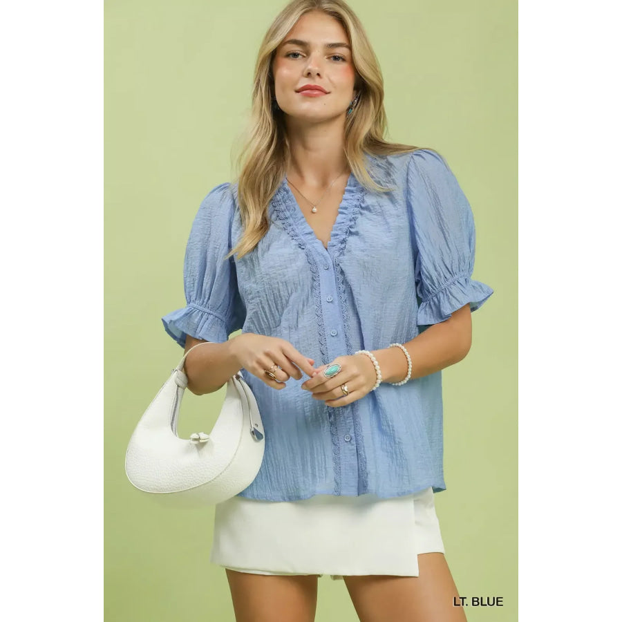 Umgee Textured Button-Front Puff Sleeve Top LT. BLUE / S Apparel and Accessories