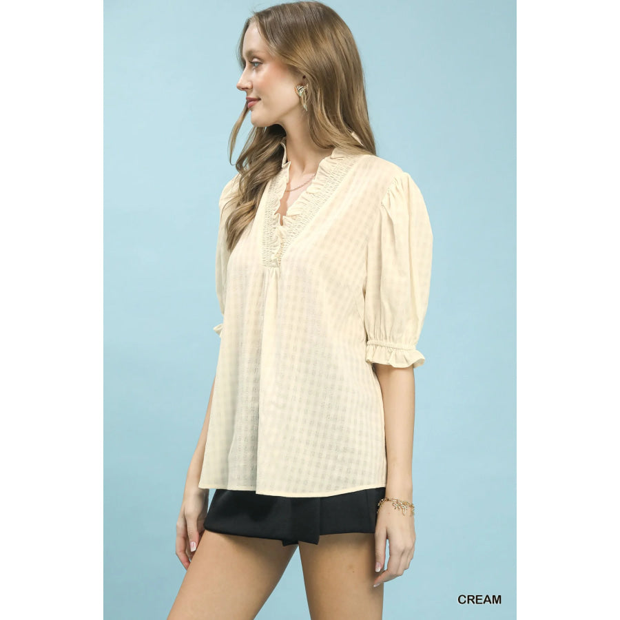Umgee Textured Check Ruffle V-Neck Blouse CREAM / S Apparel and Accessories