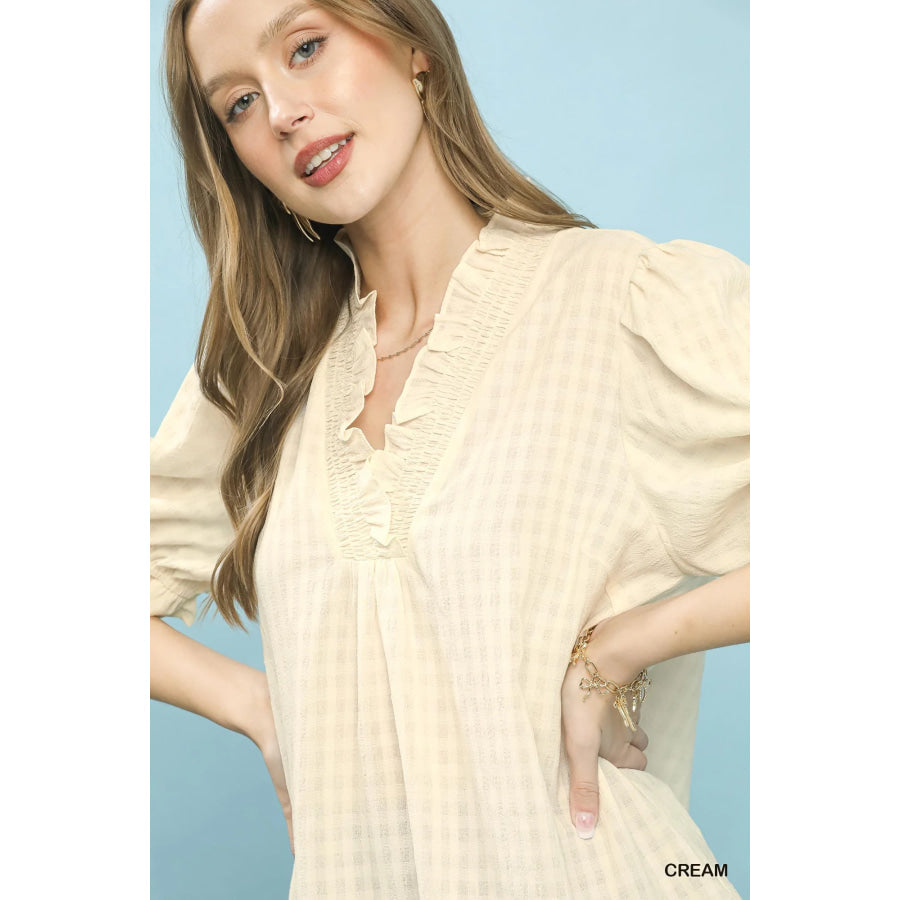 Umgee Textured Check Ruffle V-Neck Blouse Apparel and Accessories