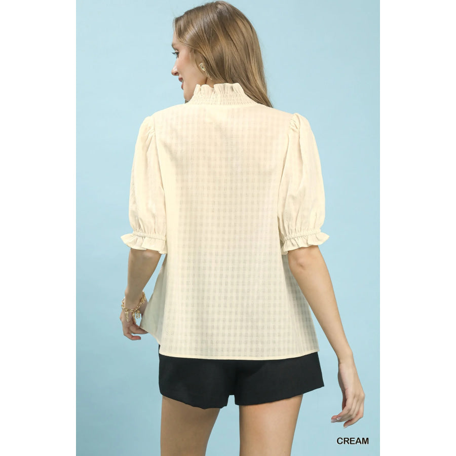 Umgee Textured Check Ruffle V-Neck Blouse Apparel and Accessories
