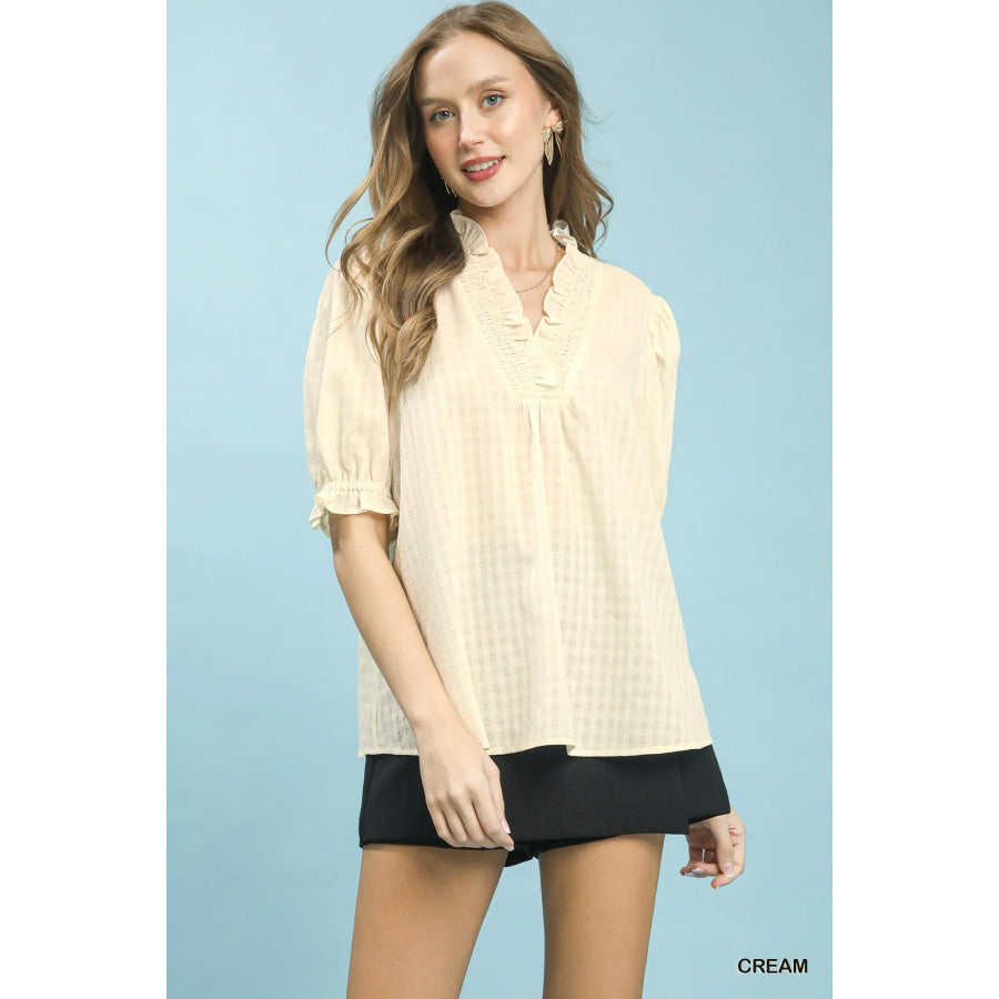 Umgee Textured Check Ruffle V-Neck Blouse CREAM / S Apparel and Accessories