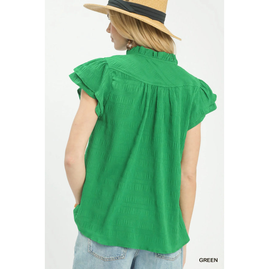 Umgee Textured Flutter Sleeve Split Neck Top Apparel and Accessories