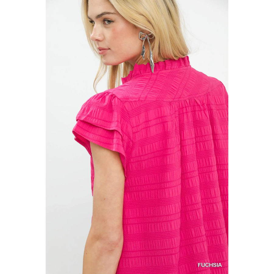 Umgee Textured Flutter Sleeve Split Neck Top Apparel and Accessories