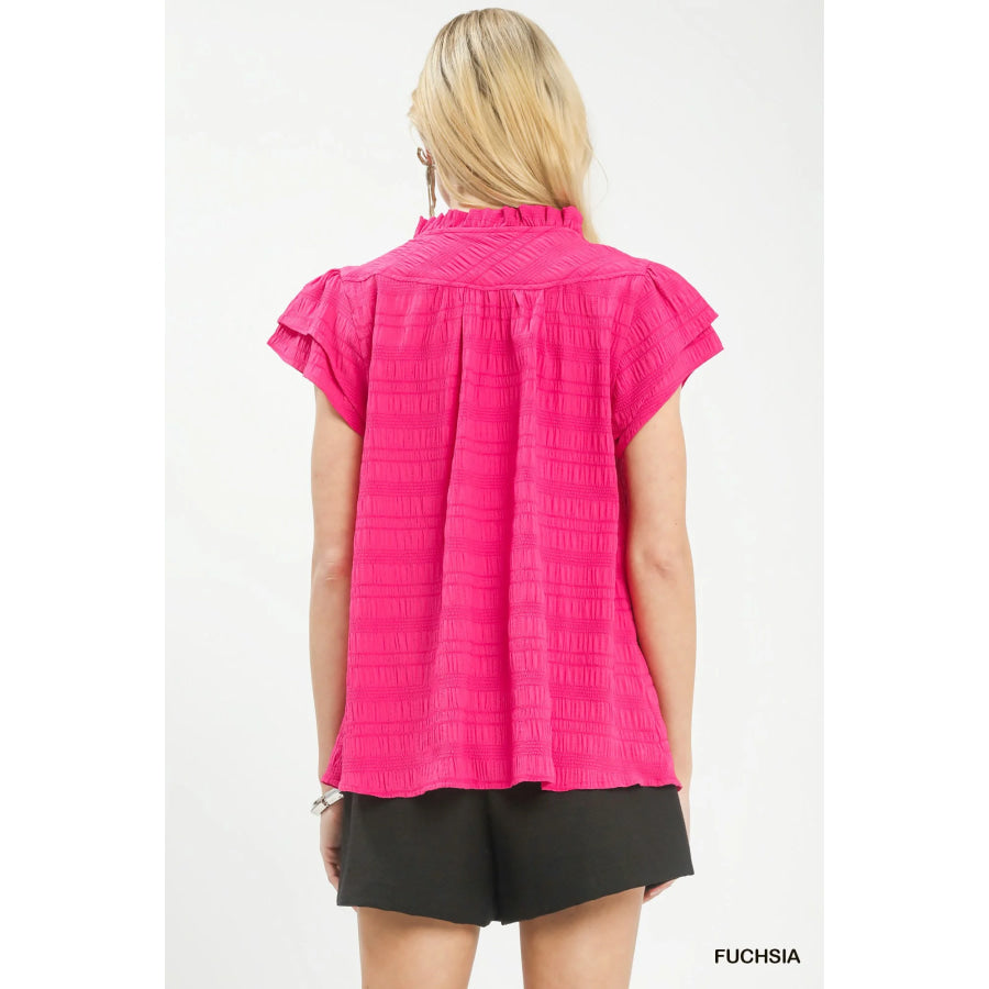Umgee Textured Flutter Sleeve Split Neck Top Apparel and Accessories