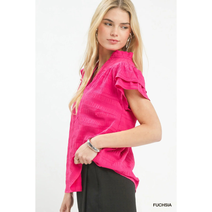 Umgee Textured Flutter Sleeve Split Neck Top FUCHSIA / S Apparel and Accessories