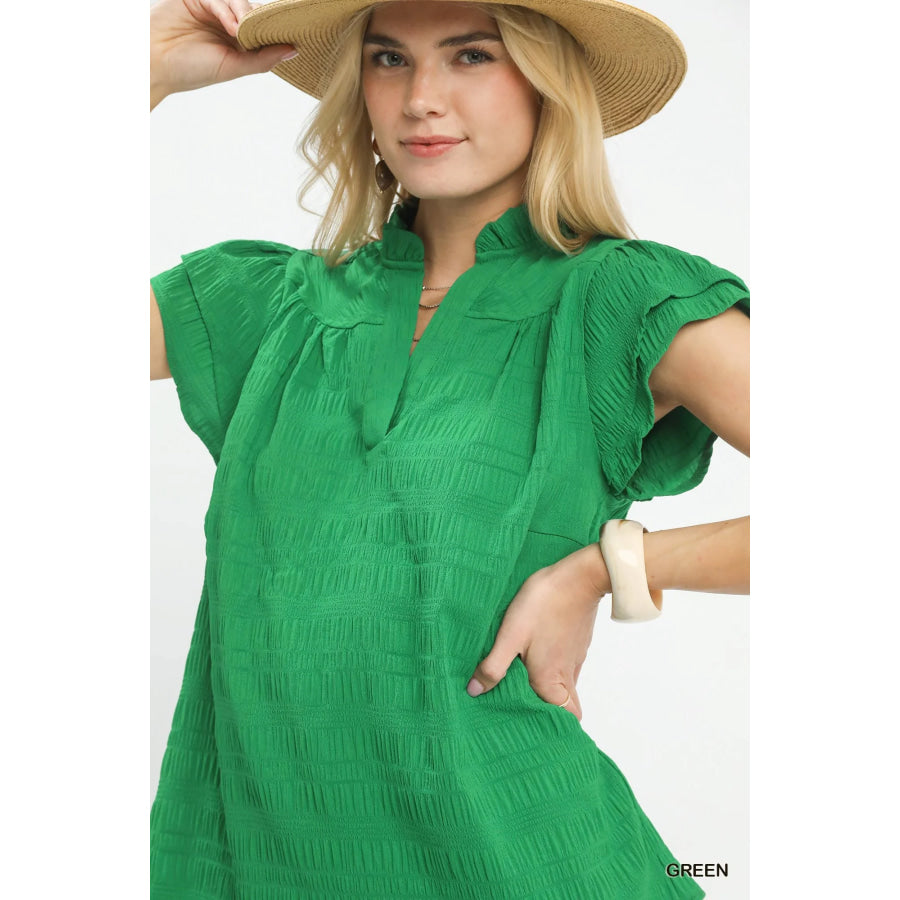 Umgee Textured Flutter Sleeve Split Neck Top Apparel and Accessories