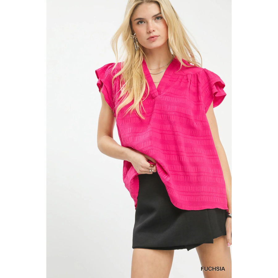 Umgee Textured Flutter Sleeve Split Neck Top FUCHSIA / S Apparel and Accessories