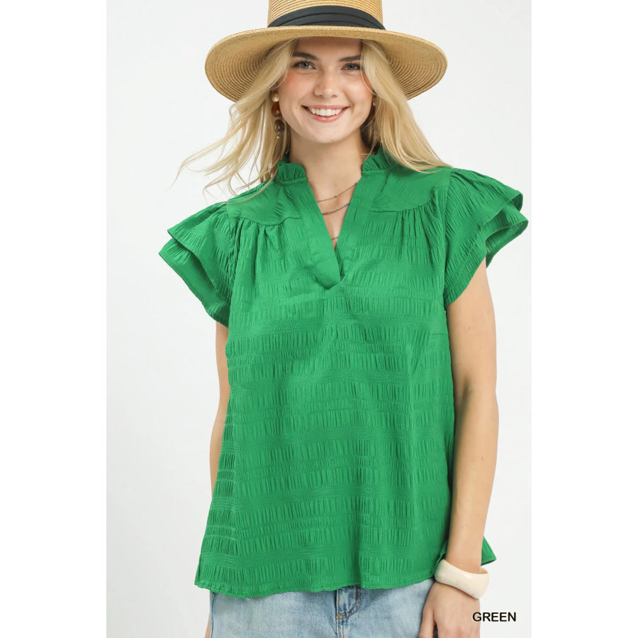 Umgee Textured Flutter Sleeve Split Neck Top GREEN / S Apparel and Accessories