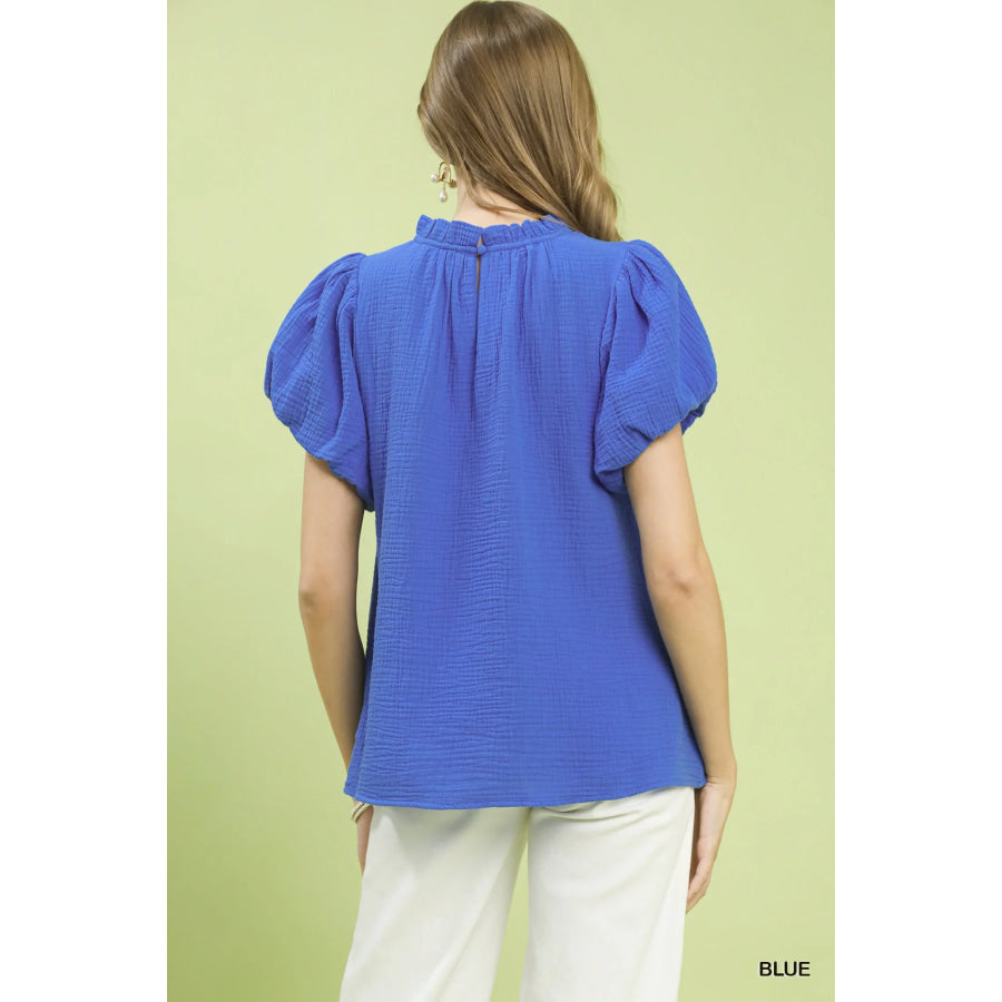 Umgee Textured Gauze Ruffle Neck Boho Top Apparel and Accessories