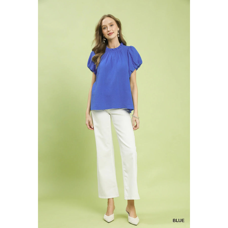 Umgee Textured Gauze Ruffle Neck Boho Top Apparel and Accessories