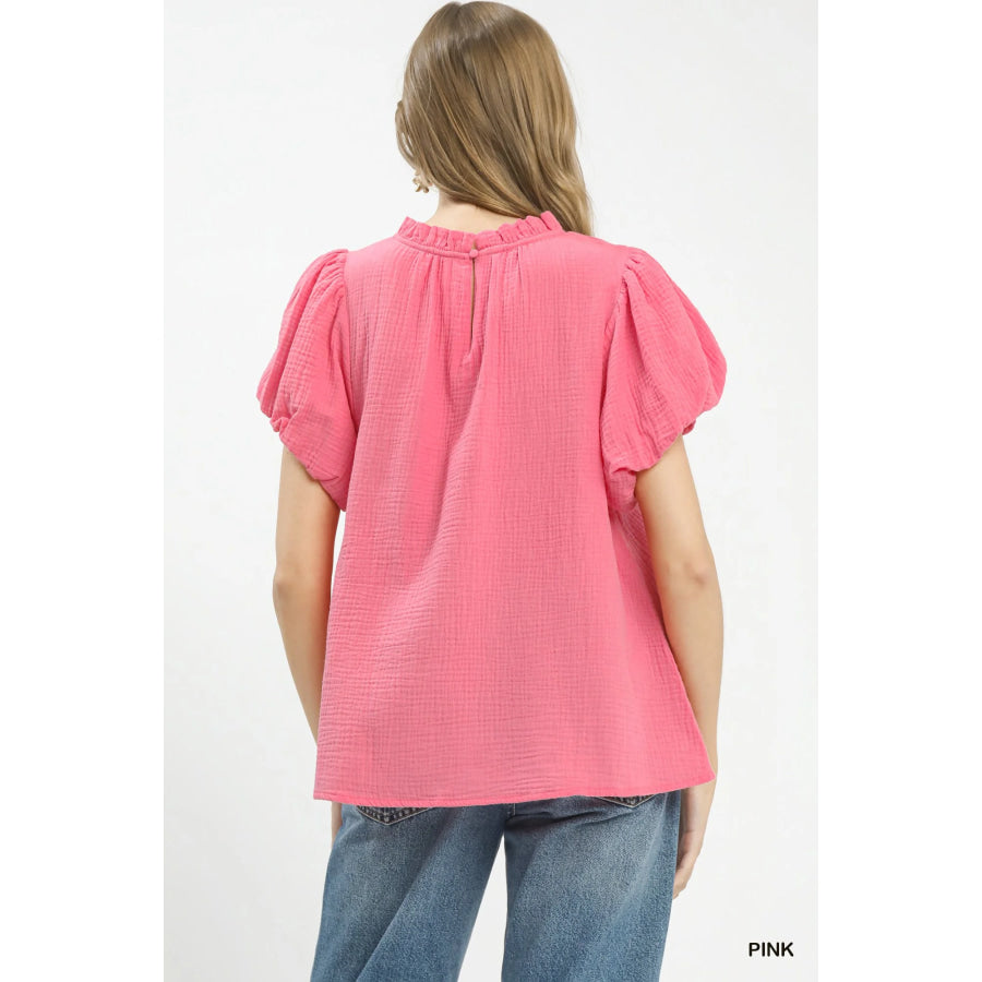 Umgee Textured Gauze Ruffle Neck Boho Top Apparel and Accessories