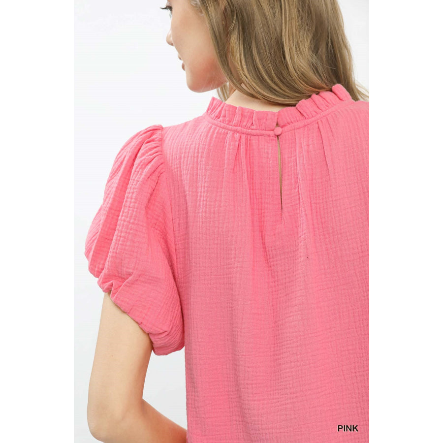 Umgee Textured Gauze Ruffle Neck Boho Top Apparel and Accessories