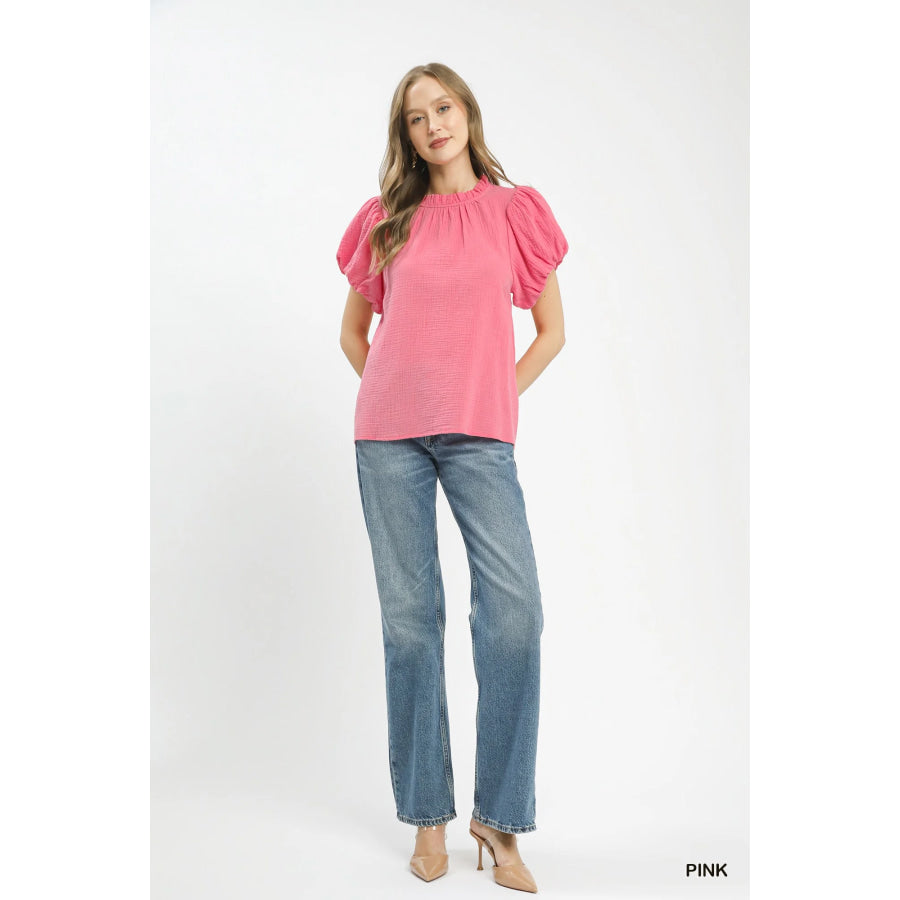 Umgee Textured Gauze Ruffle Neck Boho Top Apparel and Accessories