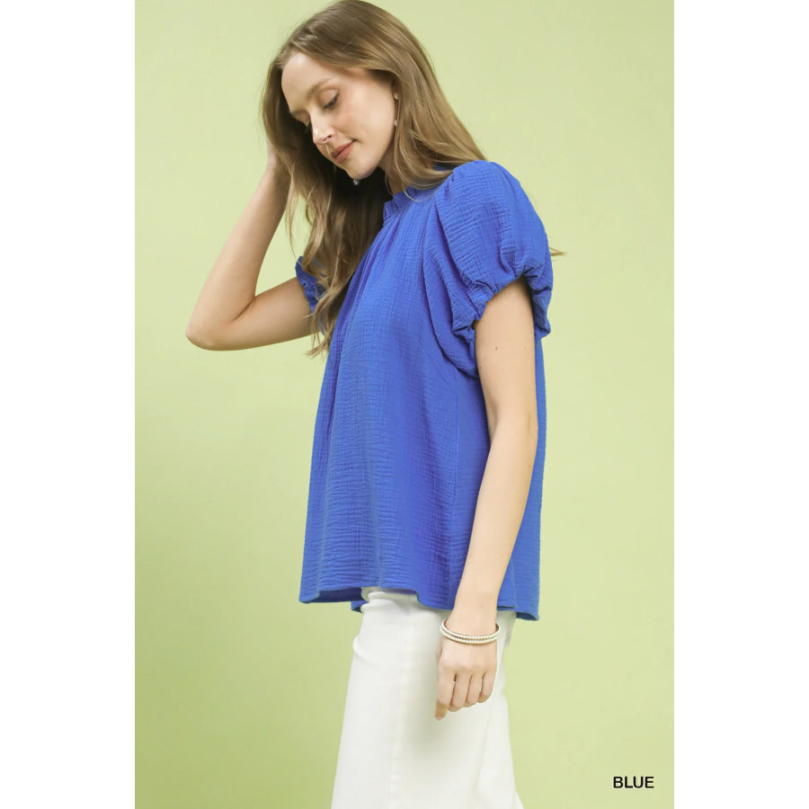 Umgee Textured Gauze Ruffle Neck Boho Top Blue / S Apparel and Accessories
