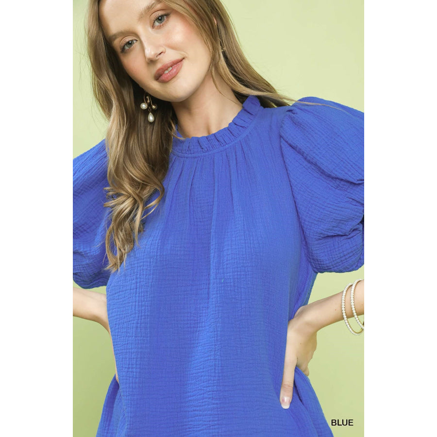 Umgee Textured Gauze Ruffle Neck Boho Top Apparel and Accessories