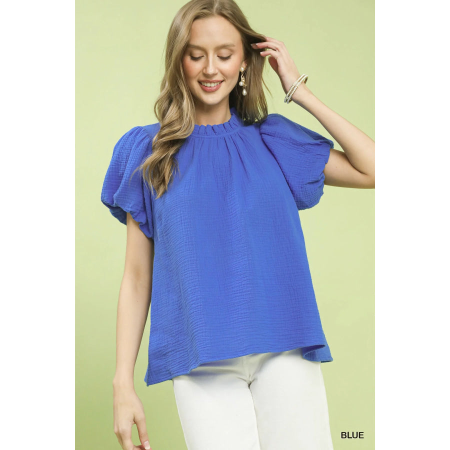 Umgee Textured Gauze Ruffle Neck Boho Top Blue / S Apparel and Accessories