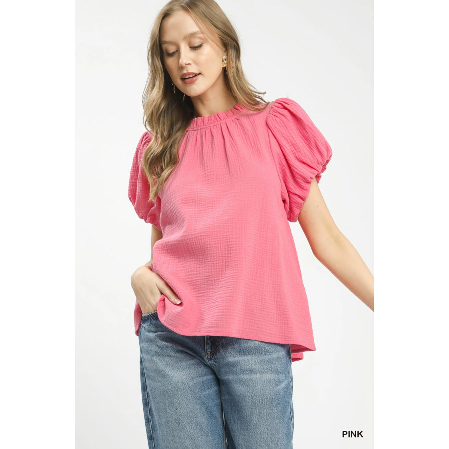 Umgee Textured Gauze Ruffle Neck Boho Top Pink / S Apparel and Accessories