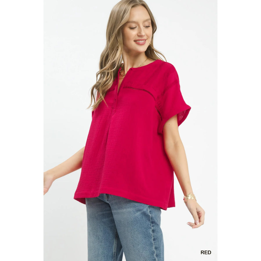 Umgee Textured Gauze Split-Neck Boho Blouse Red / S Apparel and Accessories