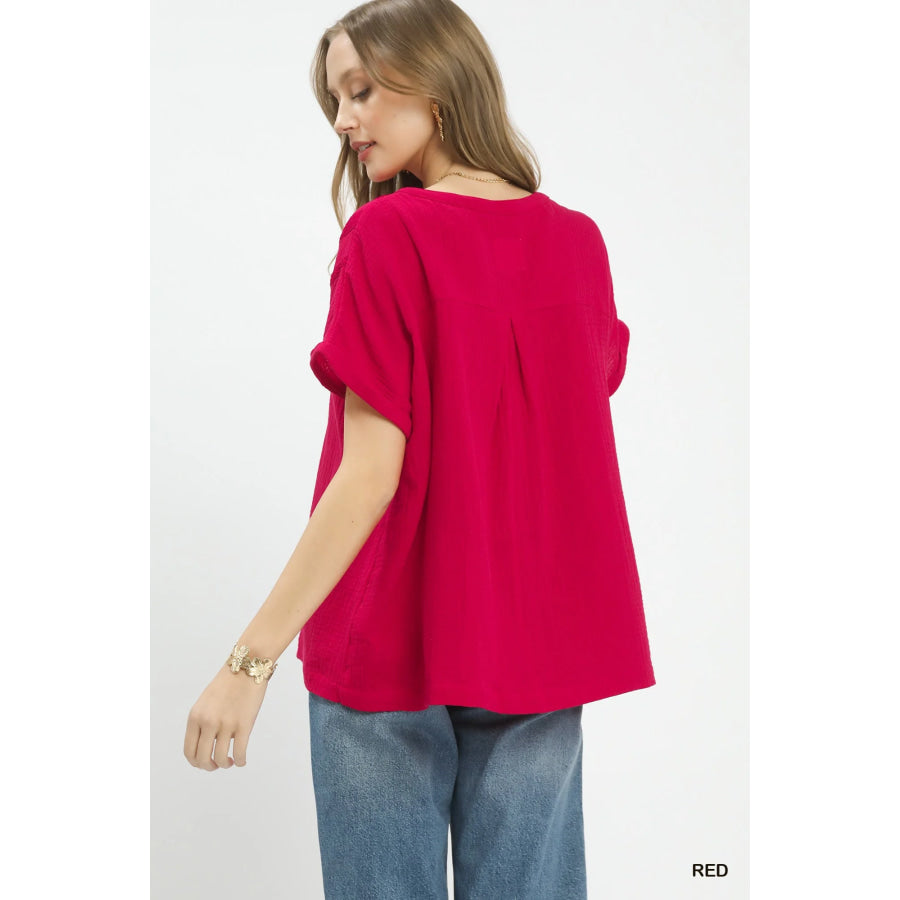 Umgee Textured Gauze Split-Neck Boho Blouse Apparel and Accessories