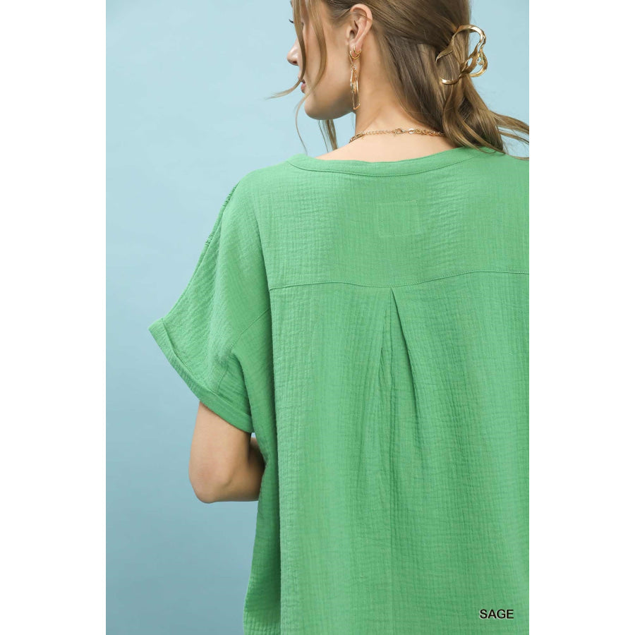 Umgee Textured Gauze Split-Neck Boho Blouse Apparel and Accessories