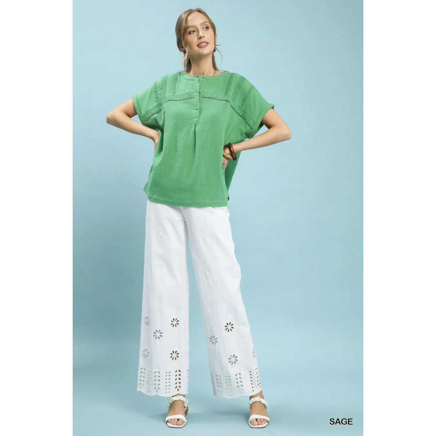 Umgee Textured Gauze Split-Neck Boho Blouse Apparel and Accessories