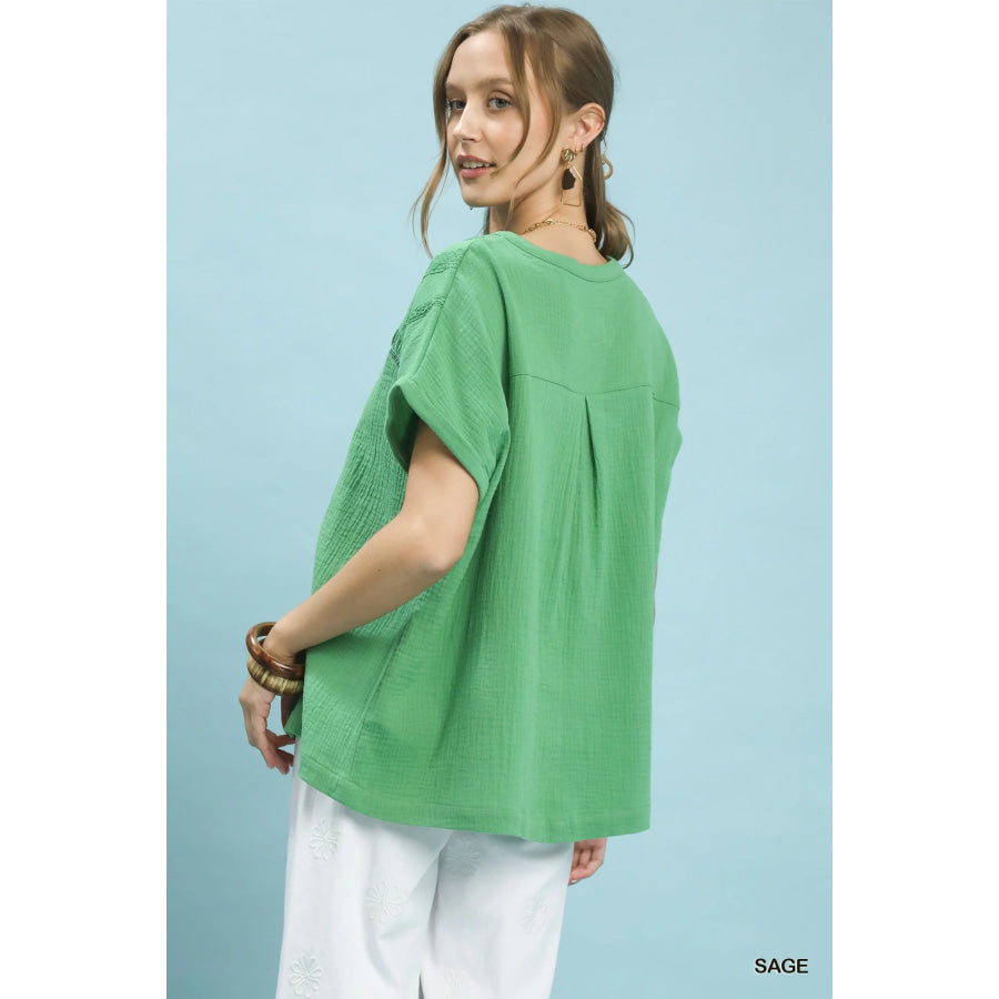 Umgee Textured Gauze Split-Neck Boho Blouse Apparel and Accessories