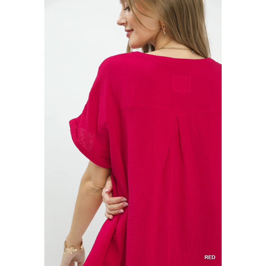 Umgee Textured Gauze Split-Neck Boho Blouse Apparel and Accessories
