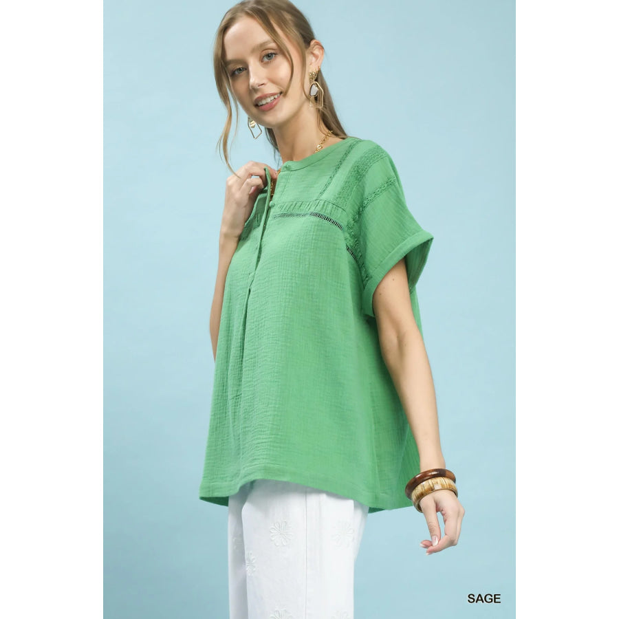 Umgee Textured Gauze Split-Neck Boho Blouse SAGE / S Apparel and Accessories