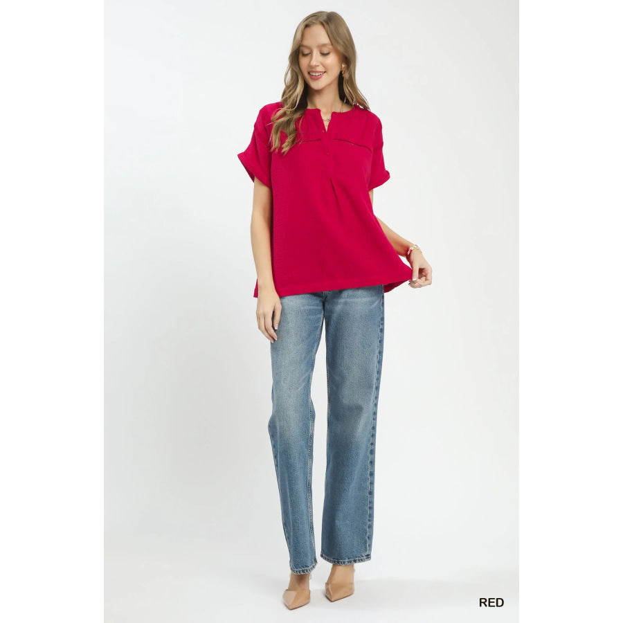 Umgee Textured Gauze Split-Neck Boho Blouse Apparel and Accessories