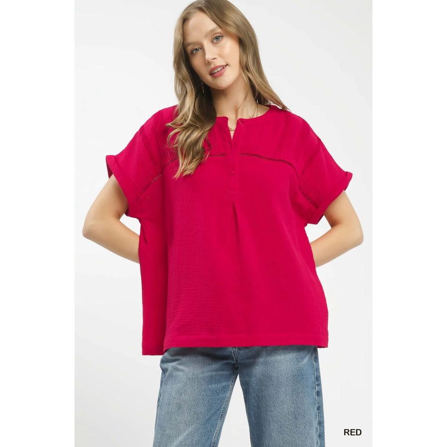 Umgee Textured Gauze Split-Neck Boho Blouse Red / S Apparel and Accessories