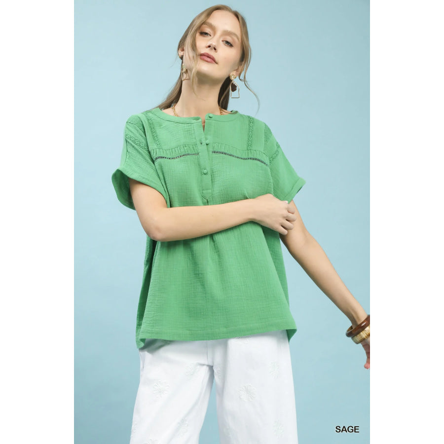 Umgee Textured Gauze Split-Neck Boho Blouse SAGE / S Apparel and Accessories