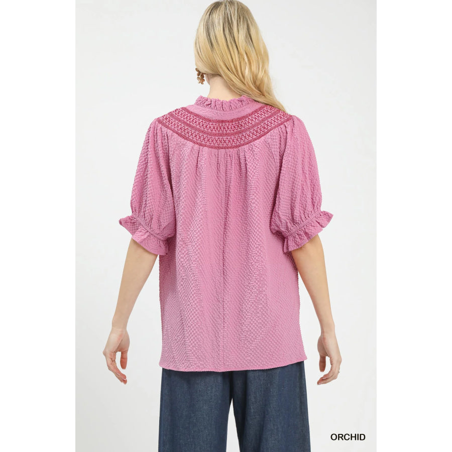 Umgee Textured Henley Blouse with Ruffle Cuffs Apparel and Accessories