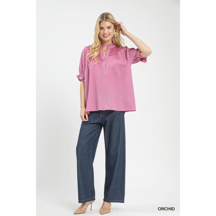 Umgee Textured Henley Blouse with Ruffle Cuffs Apparel and Accessories