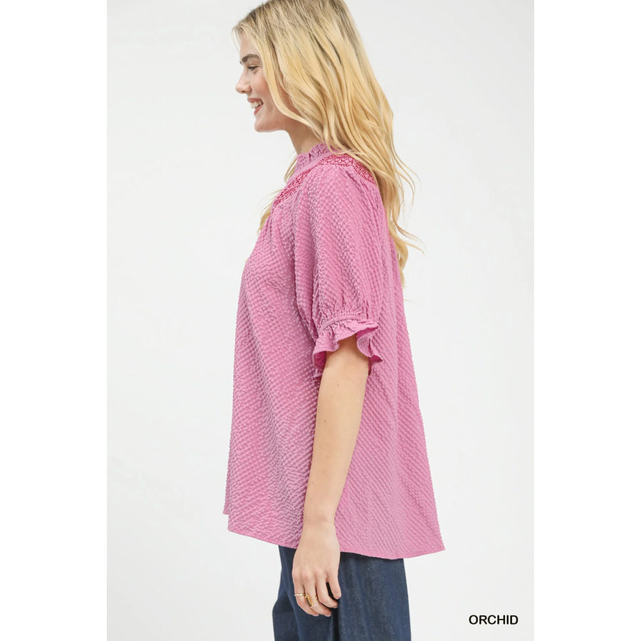 Umgee Textured Henley Blouse with Ruffle Cuffs ORCHID / S Apparel and Accessories