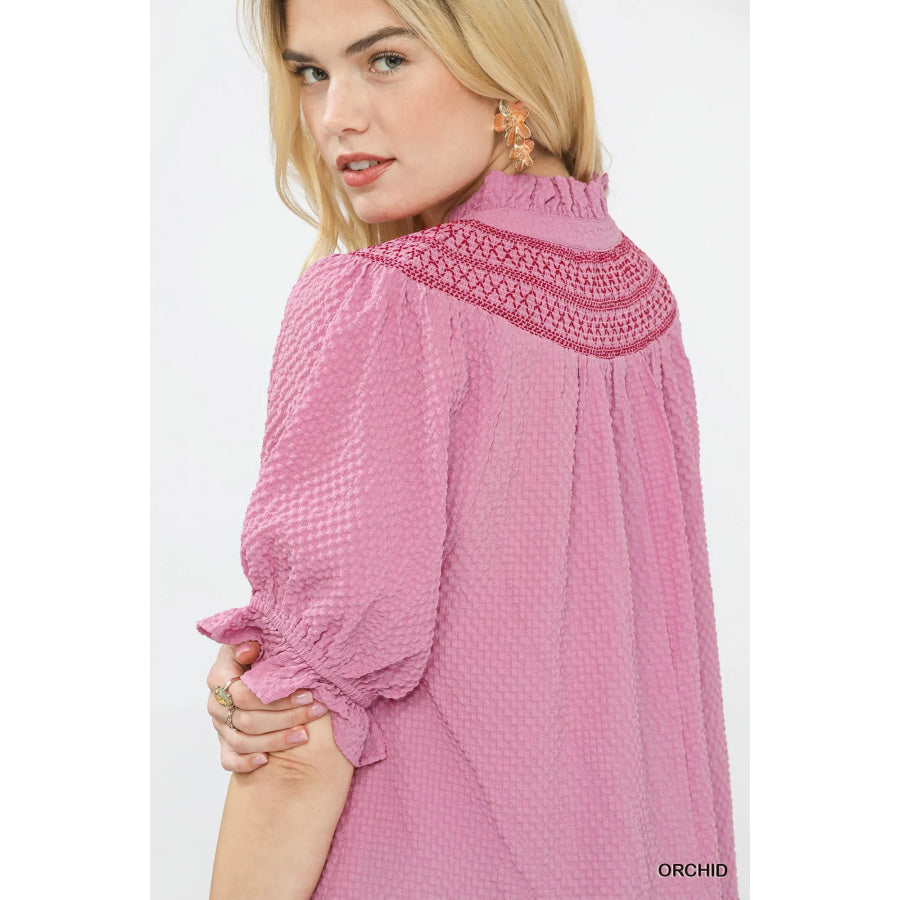 Umgee Textured Henley Blouse with Ruffle Cuffs Apparel and Accessories