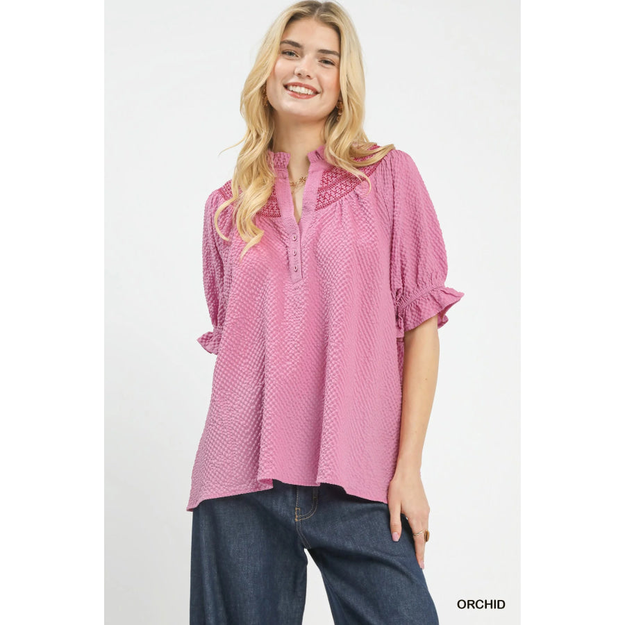 Umgee Textured Henley Blouse with Ruffle Cuffs ORCHID / S Apparel and Accessories