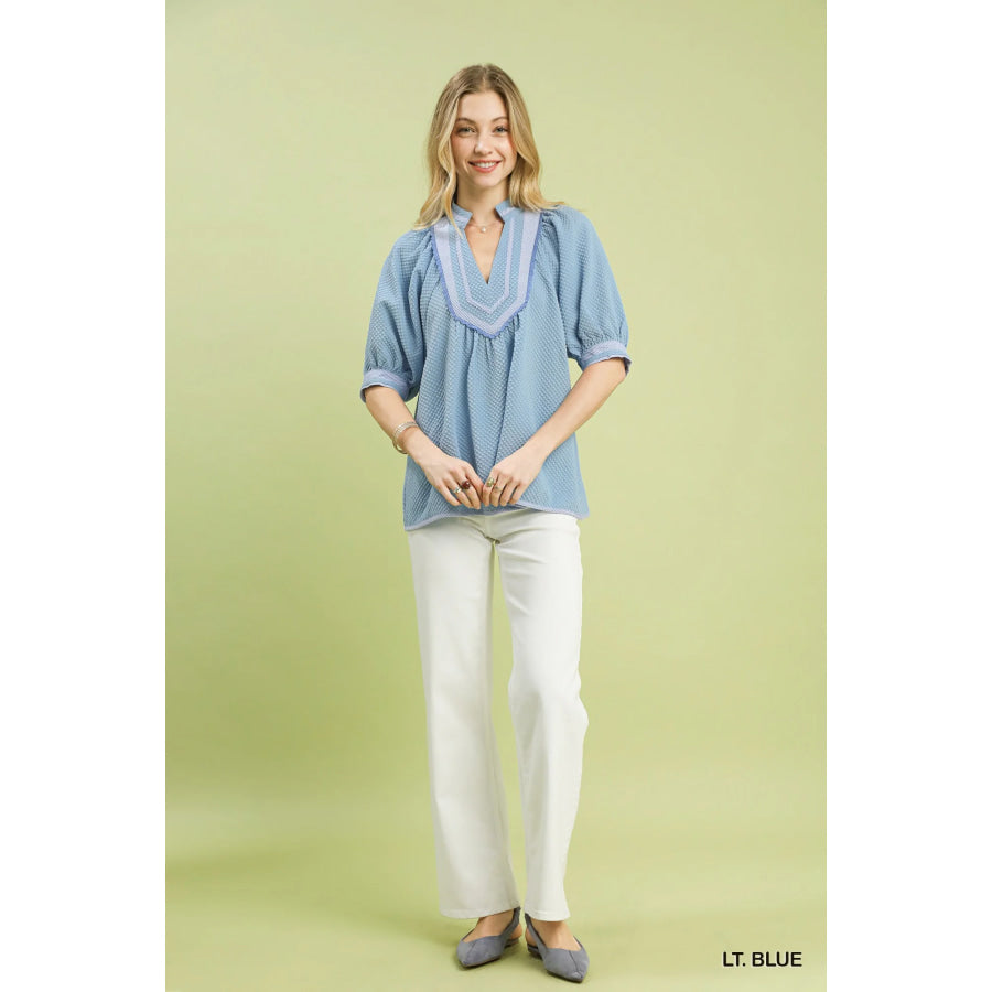Umgee Textured Jacquard Contrast Trim Top Apparel and Accessories