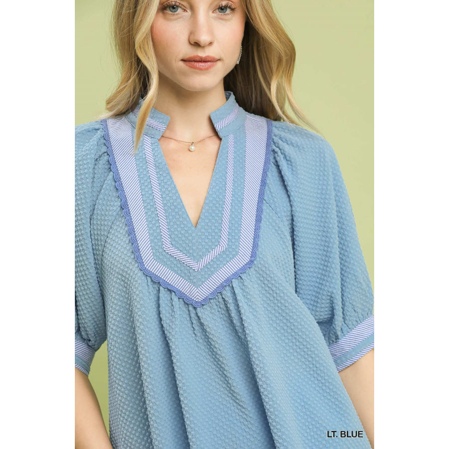 Umgee Textured Jacquard Contrast Trim Top Apparel and Accessories