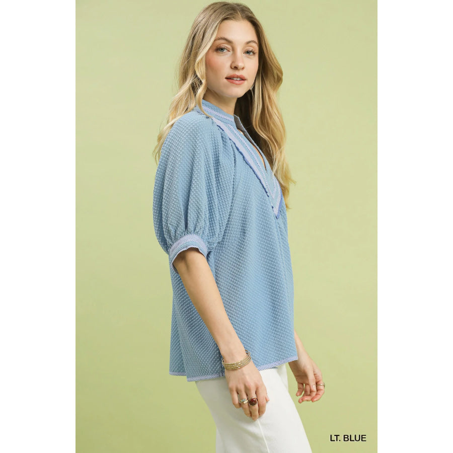 Umgee Textured Jacquard Contrast Trim Top LT. BLUE / S Apparel and Accessories