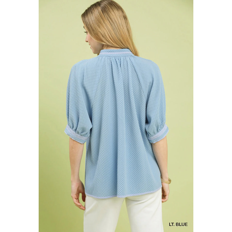 Umgee Textured Jacquard Contrast Trim Top Apparel and Accessories